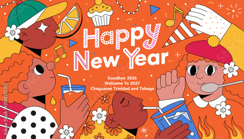 happy new year celebration with cartoon characters