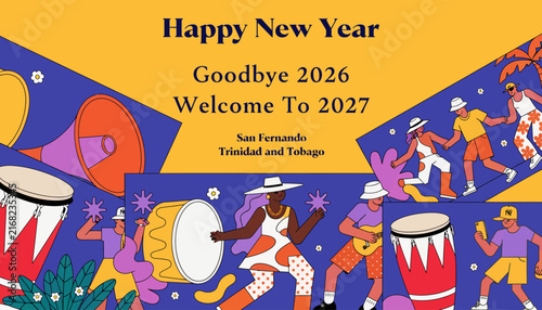 happy new year celebration with people dancing and playing drums
