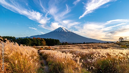 Vibrant Japanese Pampas Grass Susuki Field at Sunset Near Mount Fuji
