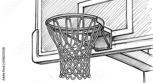 Hand drawn black and white sketch of a basketball hoop