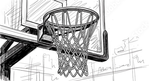 Hand-drawn sketch of basketball hoop and net with backboard