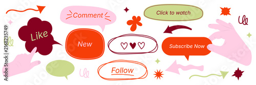 A set of buttons, icons, and call‑to‑action (CTA) elements for social media and web design in a bright, flat style