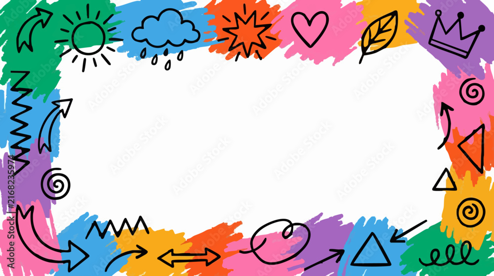 Fototapeta premium Colorful Hand-Drawn Doodle Frame with Various Icons and Shapes