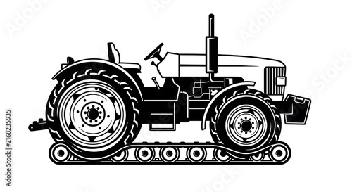 Heavy farm tractor with tracks on white background illustration