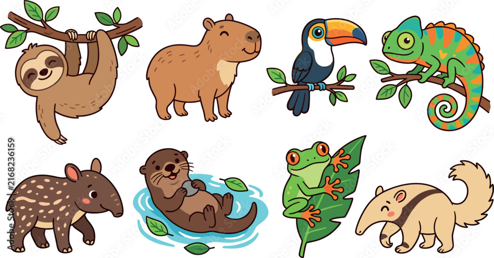 Obraz premium Cute Rainforest Animals Cartoon Vector Set with Sloth Capybara Toucan Chameleon Tapir Otter Tree Frog and Anteater Characters for Kids Nursery Illustrations