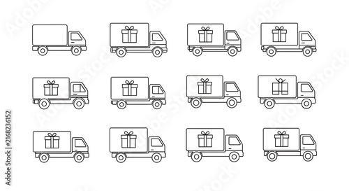 Line art icons of delivery trucks and gift boxes