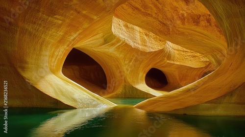 Intricate cave formations reflecting in tranquil water.