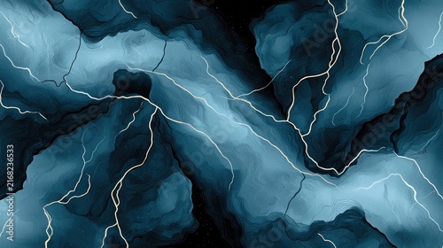Intricate, flowing abstract design in deep blues and silvers.