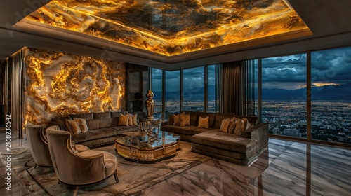 Luxurious penthouse living room with spectacular city views.