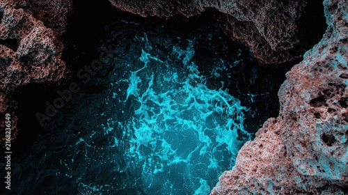 Deep turquoise water nestled within rocky cave entrance.