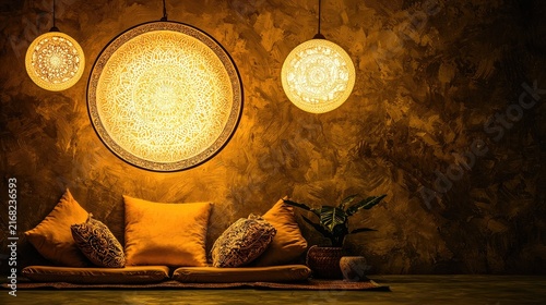 Warm, inviting interior design with hanging pendant lights.
