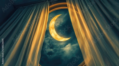 Golden crescent moon peeks through opulent window drapes.