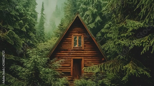 Rustic log cabin nestled amidst a lush forest.