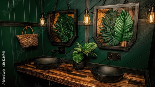 Rustic, tropical bathroom interior with decorative foliage.
