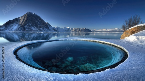 Frozen lake's crystal-clear pool surrounded by snowy landscape.