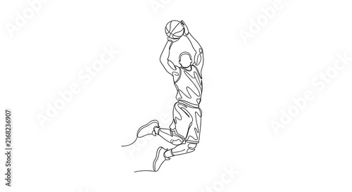 Single line drawing of basketball player jumping to shoot ball