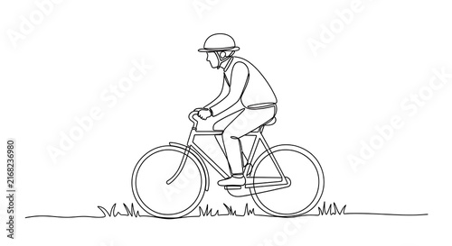 Single line drawing of person riding bicycle with helmet outdoors.