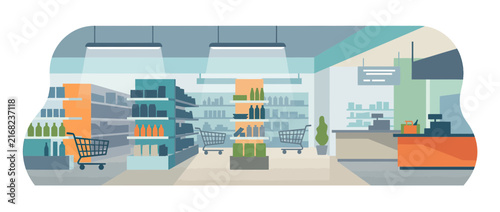 Modern grocery store interior with shelves and carts