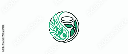 Organic cosmetic jar logo with green leaves and yin yang symbol