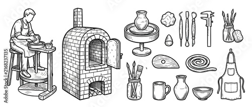 Pottery craft tools and kiln illustration