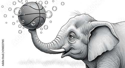 Smiling elephant balancing a basketball with its trunk and bubbles