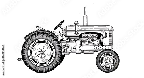 Vintage farm tractor line art illustration isolated on white