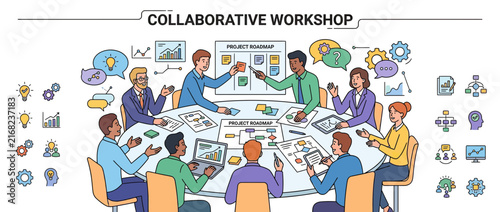 Team brainstorming and planning session around a table