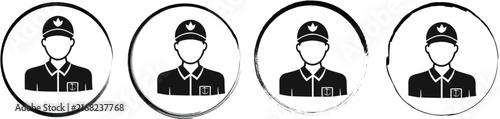 Four circular showing a portrait of a delivery person wearing a cap, black on a white background set