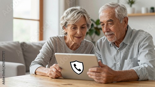 Senior couple practicing phone scam awareness training on digital tablet at home