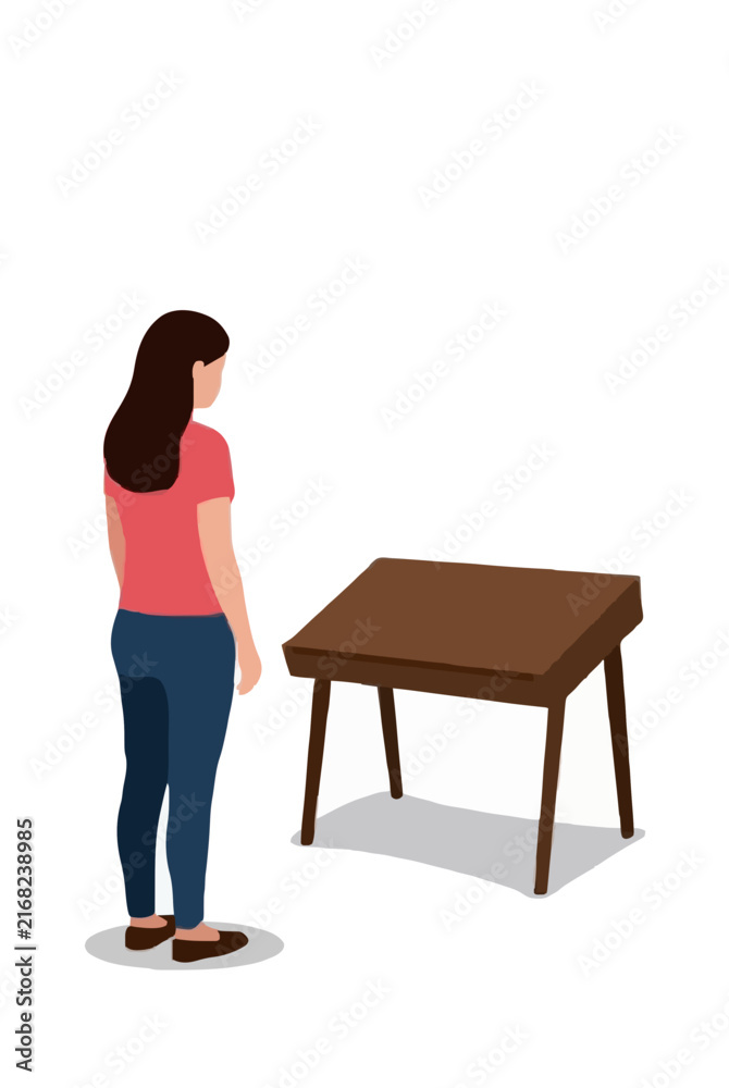 Fototapeta premium Hand-traced vector illustration of a brunette woman in a pink t-shirt and jeans examining a brown wooden table inside an empty minimalist room, isometric flat design style for interior design concepts