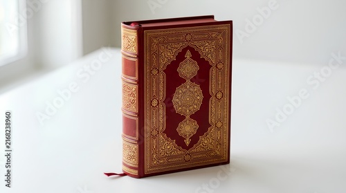 Ornate red leather-bound hardcover book with intricate gold-tooled Moroccan arabesque patterns on cover and spine, standing upright on white surface with bookmark ribbon
