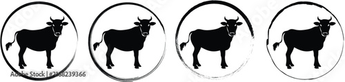 Four circular featuring a black silhouette of a standing cow, isolated on a white background, set, farm