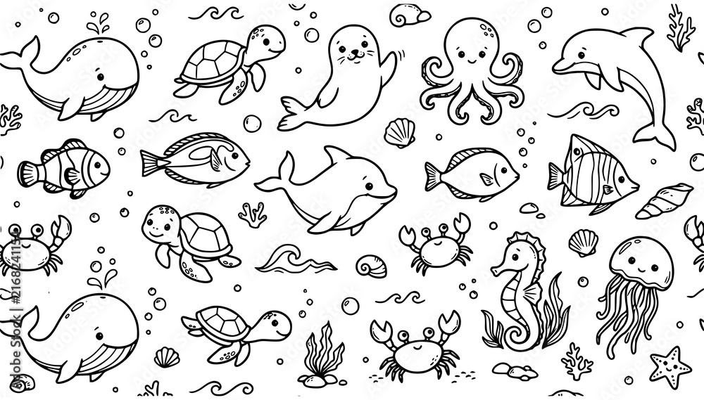 Obraz premium Hand Drawn Baby Sea Animals Seamless Black Outline Vector Pattern