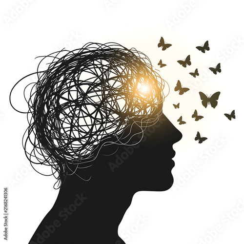 Mental Freedom Concept with Abstract Mind and Butterflies/ Creative Mind Breaking Free from Confusing Thoughts