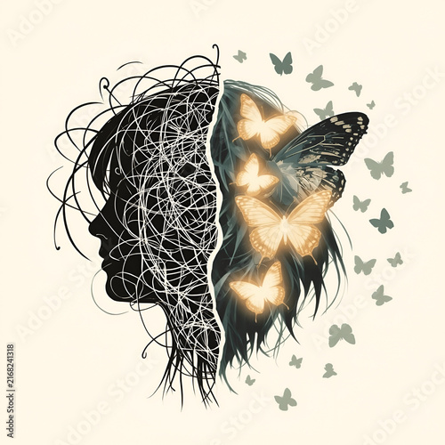 Mental Freedom Concept with Abstract Mind and Butterflies/ Creative Mind Breaking Free from Confusing Thoughts