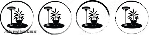 Four circular displaying a black silhouette of a leafy houseplant in a pot next to a tall pedestal table on a base