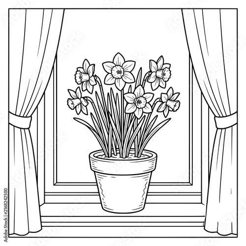 Beautiful Daffodil Flowers in a Pot on a Window Sill with Curtains Coloring Page