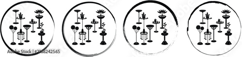 Four circular showing a black silhouette of a group of various pedestal tables and stands, on a white background