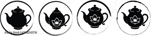 Four circular displaying a black silhouette of a teapot with a lotus flower emblem on the side, white background