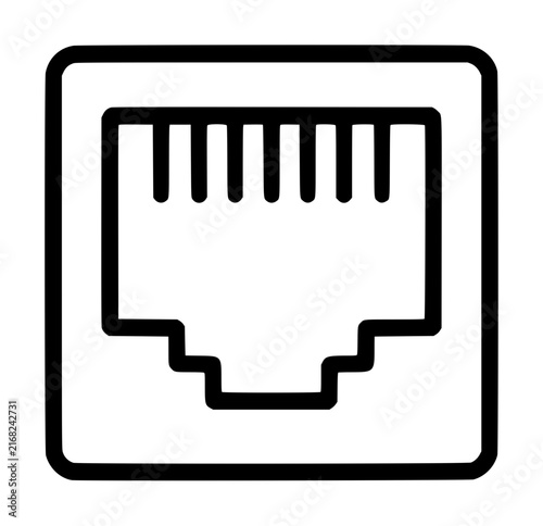 Ethernet port vector icon illustration showing a network socket for internet connectivity, data transfer, and local area network hardware interface, perfect for technology and web design projects.