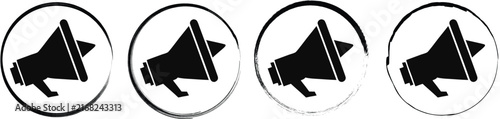 Four circular featuring black silhouettes of handheld megaphones facing right on a plain white background surface