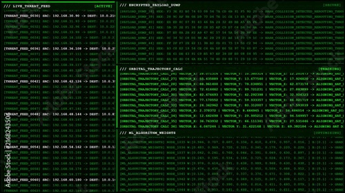 Cybersecurity threat monitoring satellite orbital tracking terminal screen.