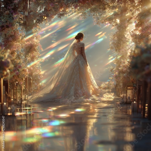 Dreamlike bridal wedding scene featuring a solitary bride in an iridescent lace gown walking along a softly glowing aisle. Sunlight reflections dance across the pristine gown as rainbow prism light w