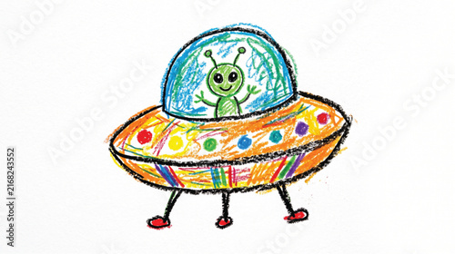Obraz na plátně A cute little alien driving a colorful flying saucer spaceship hand drawn sketch