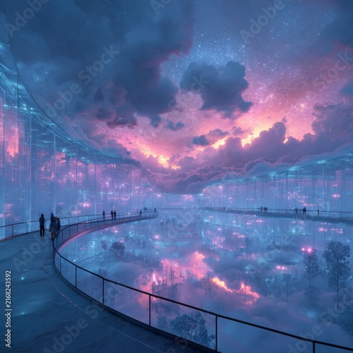 Dreamlike cinematic landscape at dawn with a glass amphitheater floating above a misty void, illuminated by auroral neon light. A dream-weaving scene featuring floating lights, ethereal haze, and ref