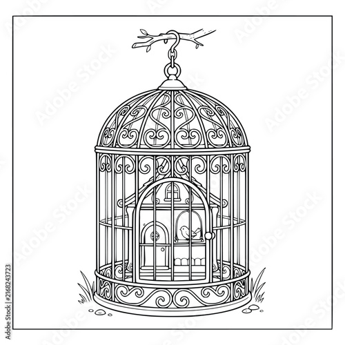 Beautiful Ornamental Birdcage with a Tiny Birdhouse Inside Coloring Page