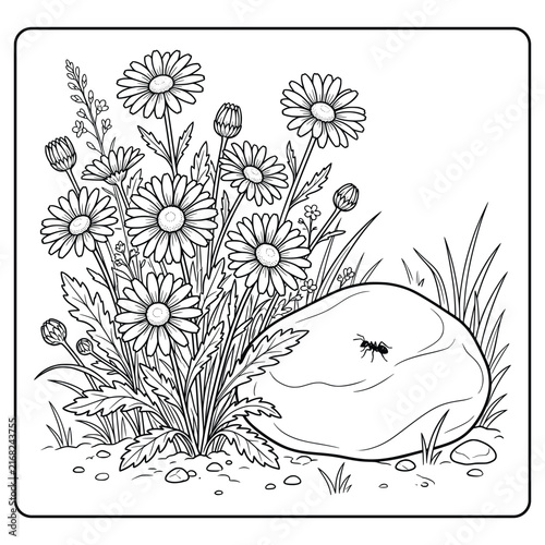 Beautiful Daisy Flowers Bush with a Tiny Ant on a Rock Coloring Page