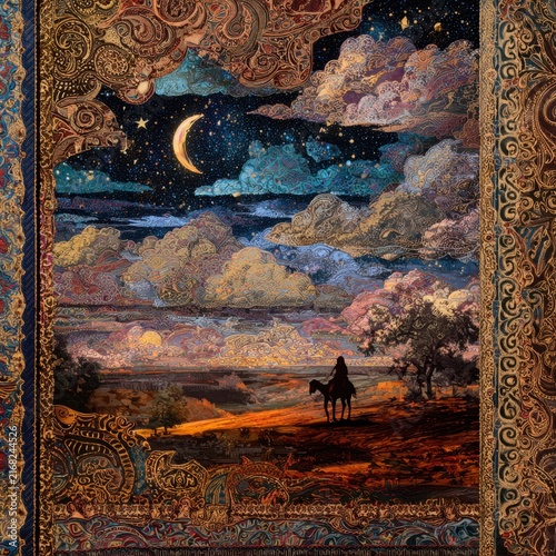 Dreamlike tapestry of a nomad beneath a star-filled sky, a twilight landscape shadowed by ornate baroque motifs, atmospheric blend of folklore and myth, intricate filigree and embroidery, warm chiaro