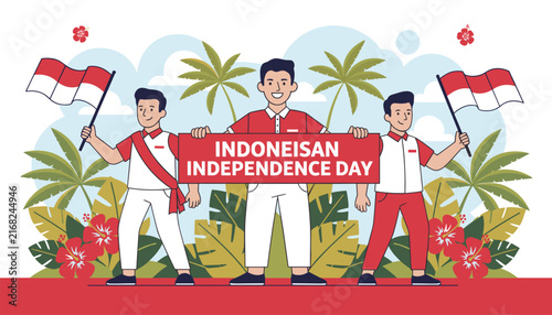 Proud Indonesian men holding national flags and independence day banner in tropical background with hibiscus flowers.