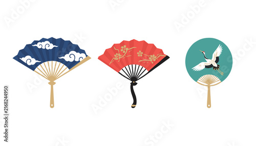 Set of three traditional oriental hand folding fans featuring cloud patterns plum blossoms and flying crane design.
